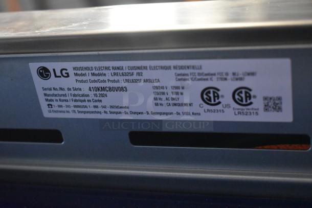 LG electric range label showing model LREL6325F, made in Korea, manufactured 10/2024, serial 410KMCB0V083, 120/240V, 12500W.