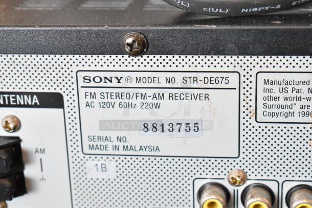 Sony model STR-DE675 FM/AM stereo receiver, 120V, 60Hz, 220W, serial no. 8813755, made in Malaysia, used condition.
