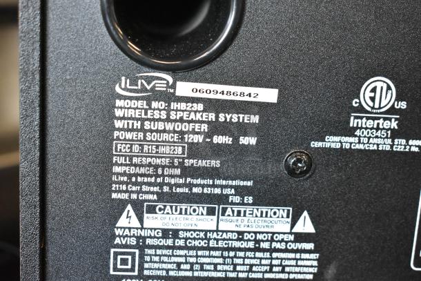 iLive IH-B23B wireless speaker system back panel. Features 5" speakers, subwoofer, 50W power, and 6 ohm impedance. Made in China.