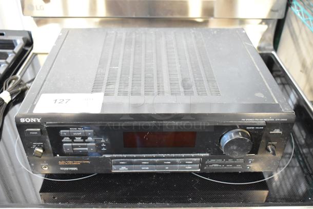 Sony STR-D550Z FM/AM receiver, black, with audio/video controls. Condition shows signs of wear. Label reads "127 QTY."
