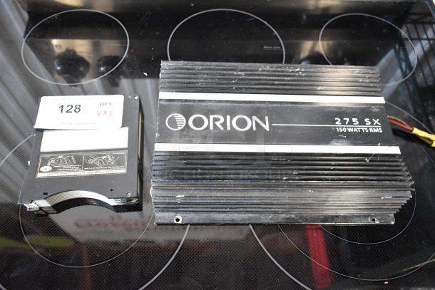 Orion 275 SX car amplifier, 150 watts RMS, black with white stripes, minor wear. Auction tag labeled "128 VXI".
