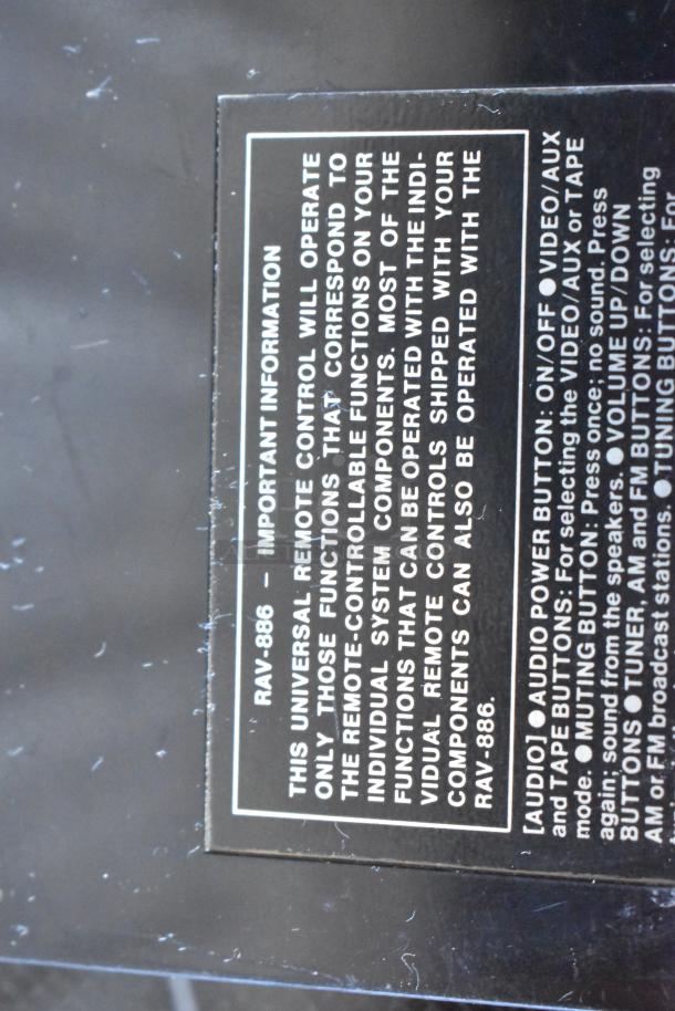 Close-up of a remote control label for model RAV-886, detailing operation instructions and compatible functions.