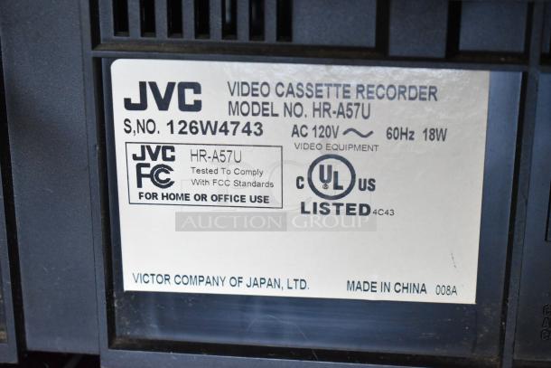 JVC video cassette recorder label, model HR-A57U, serial 126W4743, AC 120V 60Hz 18W, FCC compliant, UL listed.