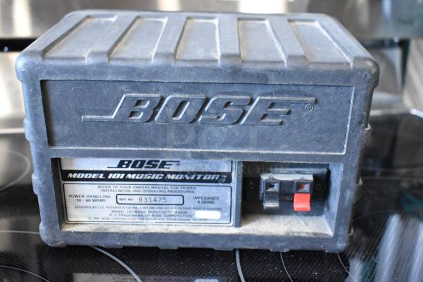 Vintage Bose Model 101 Music Monitor, used condition, serial no. 831475, 10-60W RMS, 4 ohms impedance, dusty exterior.