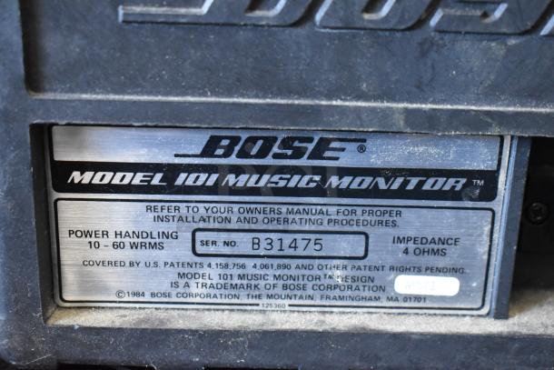 Bose Model 101 Music Monitor label showing power handling 10-60 WRMS, impedance 4 ohms, serial number B31475.