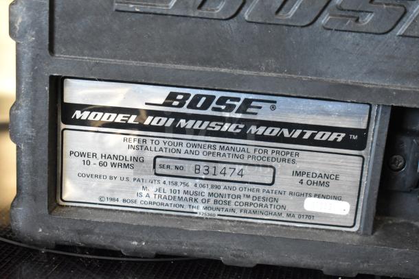 Bose Model 101 Music Monitor, serial B31474, power handling 10-60 WRMS, impedance 4 ohms. Good condition.