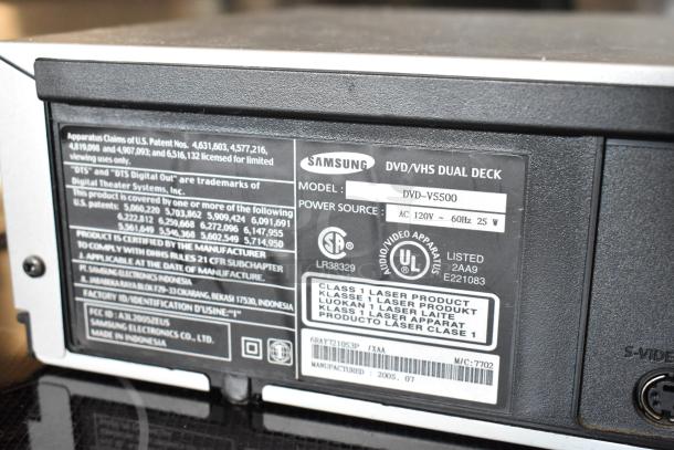 Samsung DVD/VHS Dual Deck, model DVD-VS500, 120V, 60Hz, 25W. Laser product, UL listed, made in Indonesia, 2005.