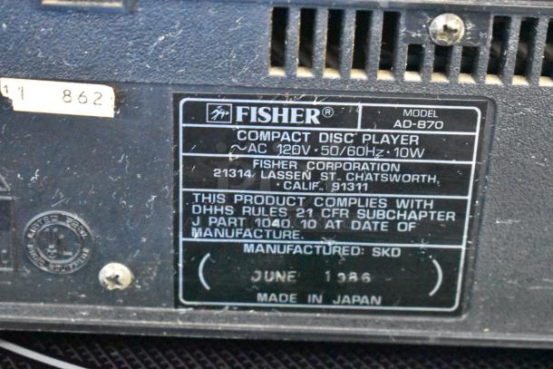 Fisher AD-870 Compact Disc Player, AC 120V 50/60Hz 10W, made in Japan, manufactured June 1986, black label detail.