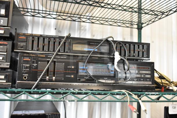 Vintage Fisher stereo system with equalizer and integrated amplifier, black finish, used condition. Model numbers visible.