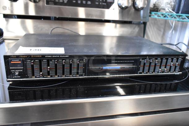 Fisher stereo graphic equalizer, model EQ-870, featuring multiple frequency sliders. Good condition with visible wear. Auction tag 136.