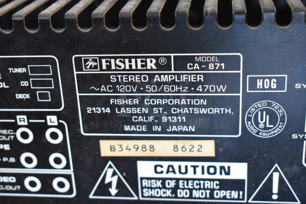Fisher CA-871 stereo amplifier, 470W, AC 120V, made in Japan. UL listed. Serial B34988 8622. Caution label present.