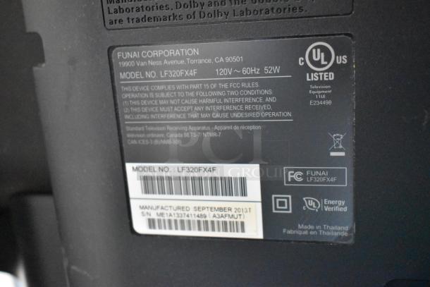 Label of Funai Corporation Model LF320FX4F, manufactured September 2013, 120V, 60Hz, 52W, UL listed, made in Thailand.
