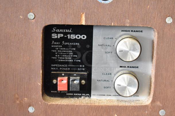 Sansui SP-1500 speaker panel, 3-way, 5-speaker system, 60W max power, impedance 8Ω, adjustable high and mid-range levels. Made in Japan.