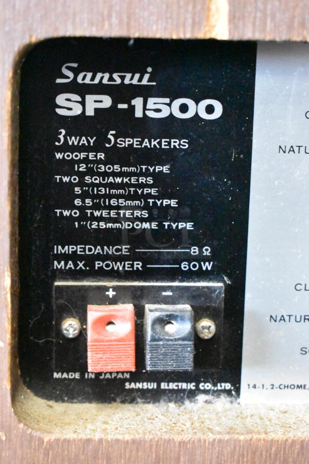 Sansui SP-1500 speaker label, 3-way 5-speaker system, 12" woofer, 5" and 6.5" squawkers, 1" tweeters, 8Ω, 60W, made in Japan.