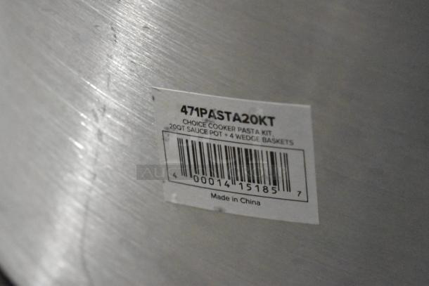 Pasta cooking kit label: "471PASTA20KT," includes 20QT sauce pot and four wedge baskets, made in China.