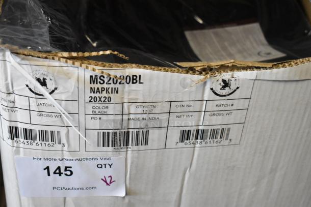 Box of black napkins, model MS2020BL, 20x20 inches, made in India. Contains 12 dozen. Packaging shows wear, item 145.