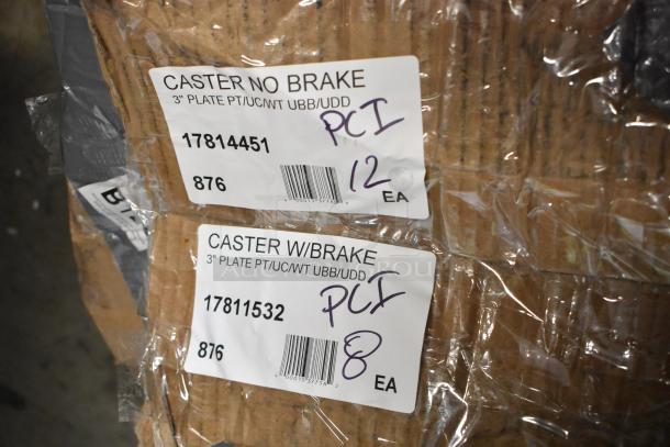 Two labels on packaged casters, one "Caster No Brake" and "Caster W/ Brake," with model numbers and quantities.