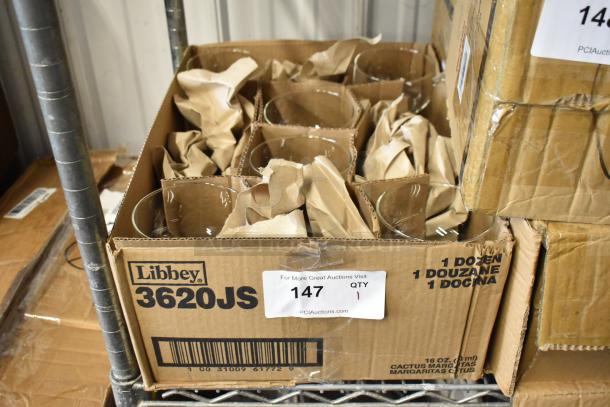 Box of Libbey 3620JS glasses, one dozen, in original packaging, new condition, labeled for auction, quantity 1.
