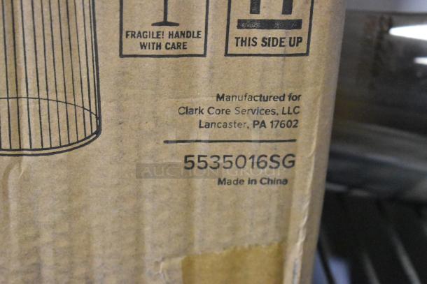 Cardboard box with "Fragile! Handle With Care" and "This Side Up" labels. Manufactured for Clark Core Services, LLC, Lancaster, PA. Model 5535016SG, Made in China.