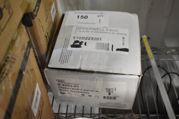 Boxed Dipperwell Faucet and Bowl Assembly, model B-2282-01. New condition, packaging shows some wear. Auction lot tag visible.