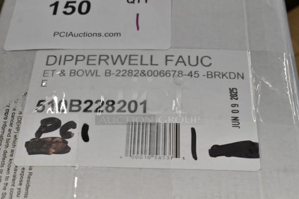 Box labeled "Dipperwell Faucet ET & Bowl B-2282" with barcodes and auction number 150. Date marked June 9, 2025.