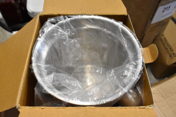 Stainless steel mixing bowl in box, wrapped in plastic. Appears new, no visible markings. Box labeled "215".