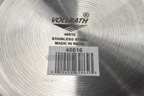 Vollrath stainless steel item, model 46616, with barcode. Made in India. Circular brushed metal finish.