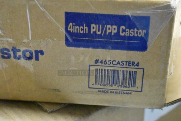 Cardboard box labeled "4 inch PU/PP Castor," #465CASTER4, showing barcode, made in Vietnam.
