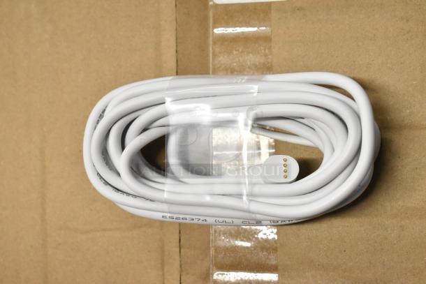 Coiled white charging cable, new condition, with a 3-pin connector. Label reads "E526374 (UL) CL2 18AWG."