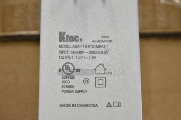 Ktec AC adapter, Model KSA-11B-075150HU, input 100-240V, output 7.5V, 1.5A. UL listed. Made in Cambodia.