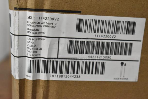 Label on a box for an OXO GG Baster with cleaning brush, red. Dimensions: 14.76x9.06x4.80 inches. Weight: 2.35 lbs. Made in China.