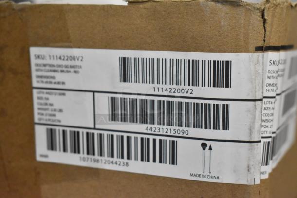 Cardboard box with SKU 11142200V2, containing red baster with cleaning brush. Made in China, 28.84 lbs, 14.76"x6.30"x8.04".