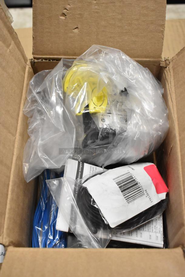 Box of assorted electronic components in original packaging with labels and barcode visible, indicating new condition.