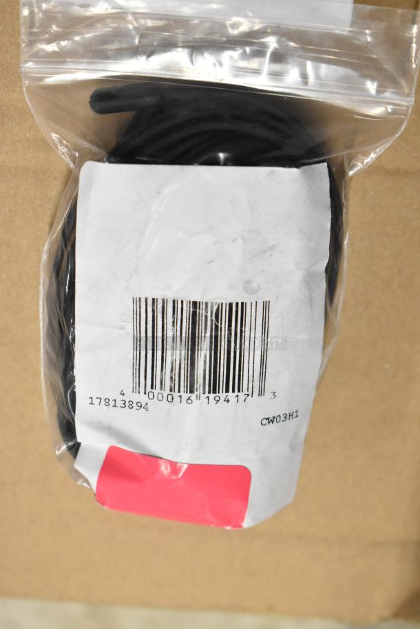 Coiled black cable in sealed plastic bag, visible barcode label with numbers 17813894 and CW03H1, item appears new.