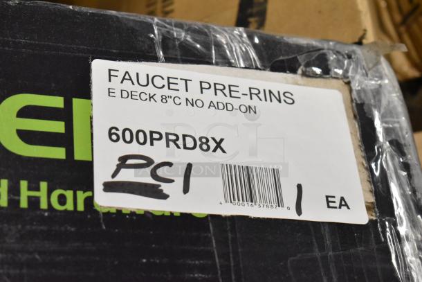 Box labeled "Faucet Pre-Rins" with model 600PRD8X, E Deck 8"C No Add-On. New condition, barcode visible.
