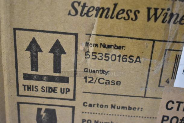 Brown cardboard box with label showing "Stemless Wine", item number 5535016SA, quantity 12 per case. Marked "This Side Up".