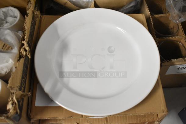 White porcelain dinner plate, smooth finish, good condition, set within cardboard packaging. No visible markings or labels.