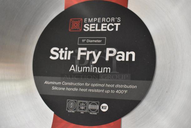 Emperor's Select 11" aluminum stir fry pan with silicone handle, heat resistant to 400°F, suitable for electric, gas, halogen.