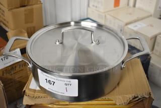 Stainless steel pot with lid, dual handles, auction tag 167, in good condition.