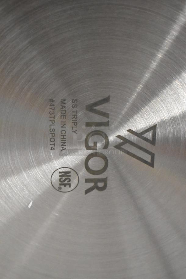 Vigor SS Triply cookware base with NSF certification, marked #473TPLSPOT4, made in China, in excellent condition.