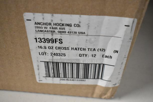 Label on box for Anchor Hocking 16.5 oz Cross Hatch Tea glasses, lot 240325, quantity 12, barcode visible.