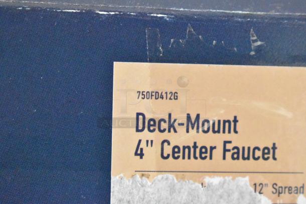 Deck-mount 4" center faucet box label, model 750FD412G, new condition. Peeling label corners.