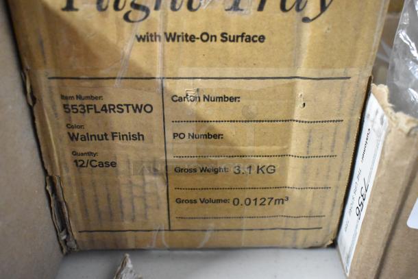 Box labeled "Pugio Tray" with write-on surface. Item #553FL4RSTWO, walnut finish, 12 per case, 3.1 kg, 0.0127 m³.