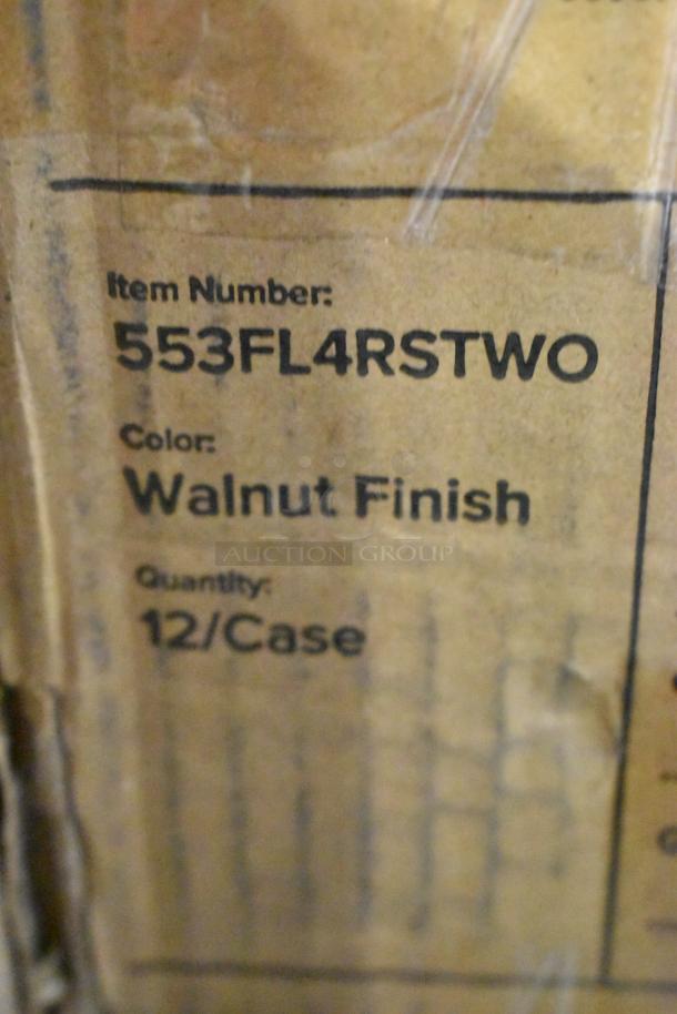Box label showing item number 553FL4RSTWO, walnut finish, quantity 12 per case.