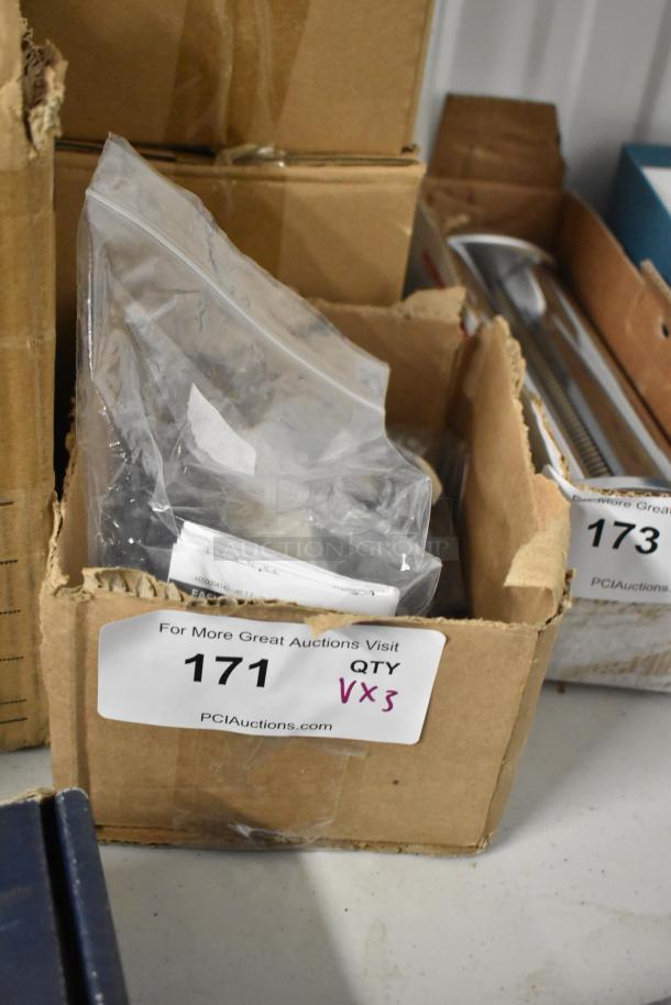 Cardboard box labeled "171," containing items in a plastic bag, marked QTY VX3, on auction by PCIAuctions.com.