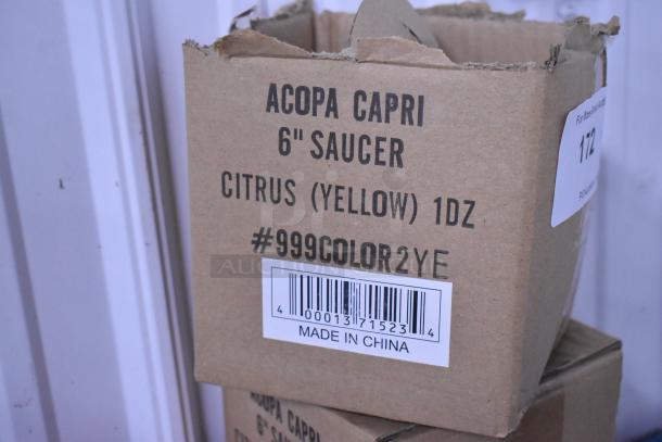 Box of Acopa Capri 6" saucers, citrus yellow, 1 dozen. Marked #999COLOR2YE, barcode, Made in China.