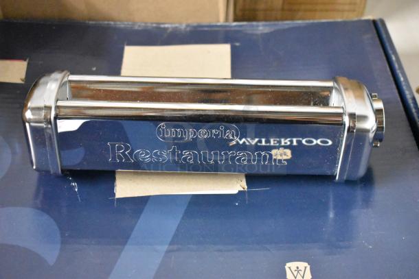 Imperia Restaurant pasta machine attachment in chrome, used for cutting pasta, excellent condition, logo marked on surface.