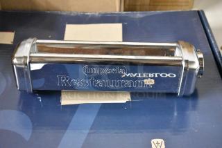 Imperia Restaurant pasta machine attachment in chrome, used for cutting pasta, excellent condition, logo marked on surface.