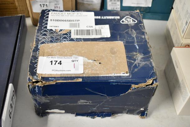 Damaged box of faucet mop 8" with visible labels and SKU, indicating model 510B0665BSTP. Auction lot number 174.