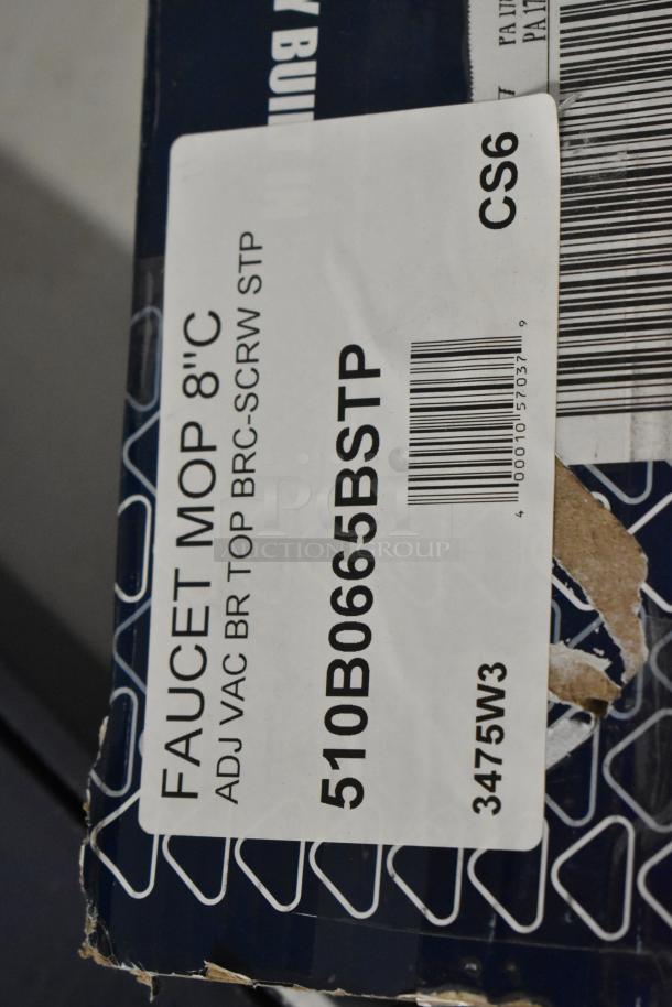 Box with a label reading "Faucet Mop 8”C, ADJ VAC BR TOP BRC-SCRW STP." Model number 510B0665BSTP, barcode visible.